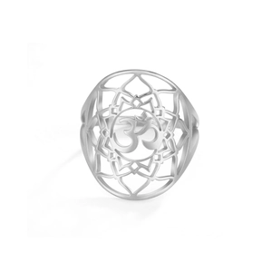 Silver stainless steel Om mandala ring with hollowed yoga pattern and polished finish