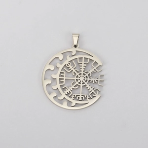 Detail of silver Viking Vegvisir compass pendant with crescent moon hollow design