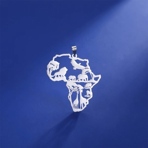 Hollow African map pendant featuring silver wild animal silhouettes and natural elements