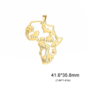 Gold 18K hollow Africa map pendant with lion and elephant animals 41.6x35.8mm size