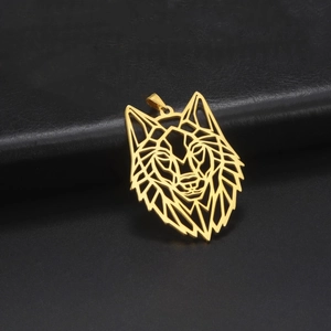 Minimalist geometric hollow wolf head pendant in polished gold finish on black background