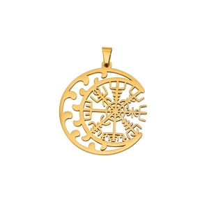 18K gold plated Viking Vegvisir compass pendant with intricate hollowed-out metal design