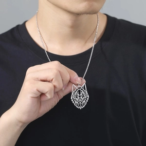 Men's geometric wolf head pendant necklace in stainless steel with hollow cutout design