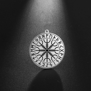 Nordic Viking Compass necklace with Vegvisir symbol and Runic characters on round pendant