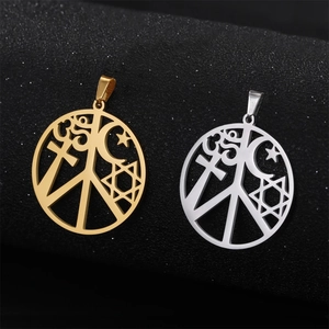 Stainless Steel Round Peace Sign Religious Symbol Pendant Only (Without Chain) Cross Hexagram Star Moon Om Charm For DIY Jewelry Making