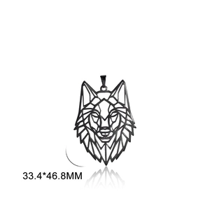 Detailed view of black laser-cut geometric wolf head pendant with size 33.4x46.8mm