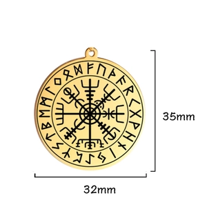 Men's gold Viking Vegvisir compass pendant with Nordic runes, 32mm diameter size