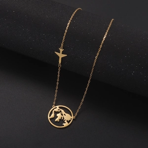 Golden titanium steel necklace with airplane and hollow world map pendant on O-chain