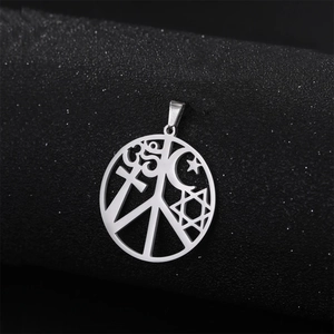 Silver stainless steel peace pendant featuring cross, star, and crescent symbols