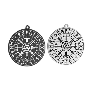 Detail of Viking compass and Valknut pendants with Elder Futhark rune engravings