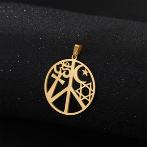 18K gold plated stainless steel hollow pendant featuring cross and religious symbols