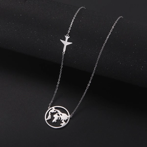 Silver stainless steel world map and airplane pendant necklace for travel lovers
