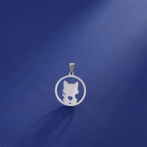 Detailed view of a silver stainless steel pendant with a hollow cat and heart silhouette