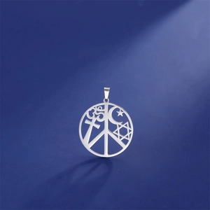 18K gold plated stainless steel hollow circular pendant with cross and hexagram star