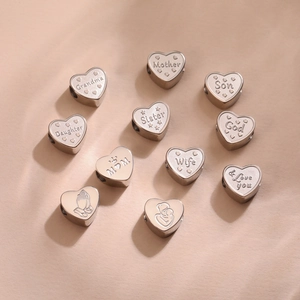 Polished heart pendants with family engravings like Mother and Sister for DIY jewelry