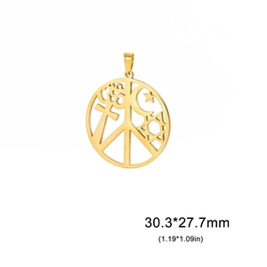 18K gold plated stainless steel pendant with multi-faith peace symbols 30.3mm
