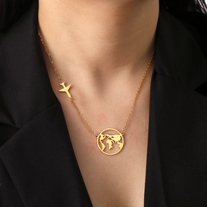 World Map Airplane Pendant Necklace Stainless Steel Hollow Globe Traveler Jewelry For Women 18K Gold Plated Birthday Gift