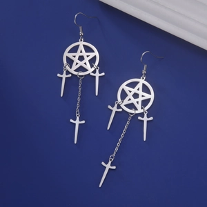 Boucles d'oreilles gothiques en acier inoxydable plaqué or 18K avec pentagramme et croix
