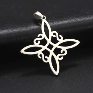 Polished silver stainless steel Witch's Knot pendant with geometric Celtic design on black leather