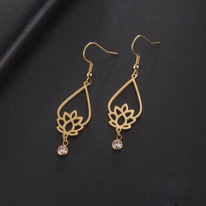 Elegant 18K gold-plated stainless steel hollow lotus teardrop earrings with zircon accents