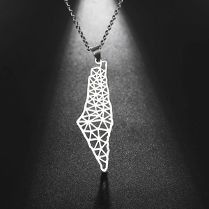 Hollow geometric triangle pattern Israel map pendant necklace in polished silver finish