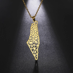 Golden Israel map necklace with minimalist hollow geometric grid pattern pendant