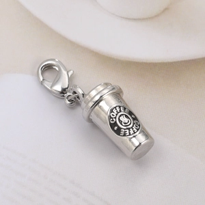 Silver coffee cup pendant charm with lobster clasp for DIY necklaces and keychains