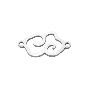Macro detail of silver stainless steel cloud-shaped jewelry connector with dual rings