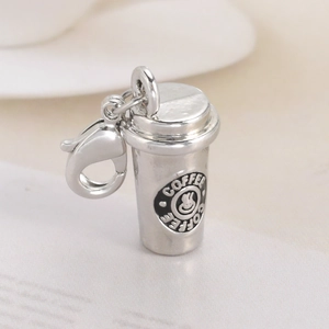 Vintage Stainless Steel Coffee Cup Pendant Charm With Lobster Clasp Antique Silver DIY Jewelry Making For Keychain Necklace