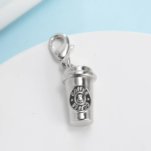 Antique silver coffee cup charm pendant with lobster clasp for DIY jewelry making