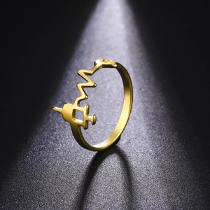 Close-up of golden EKG and syringe engraving on a polished stainless steel ring band