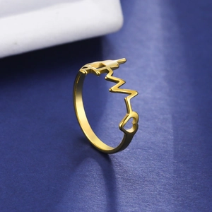18K gold plated heart EKG wave ring with AMO lettering on a dark blue background