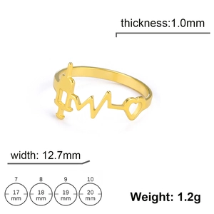 Detailed size guide for 18K gold-plated heartbeat and syringe ring with dimensions