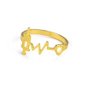 Golden stainless steel heartbeat ring featuring a medical syringe and heart design