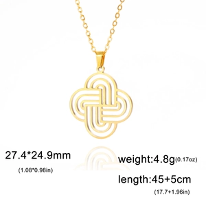 Detail of gold Celtic knot pendant showing dimensions 27.4x24.9mm and O-chain texture