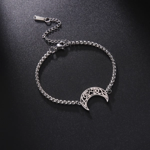 Bracelet chaîne boîte en acier argenté avec pendentif croissant de lune et patte de chat