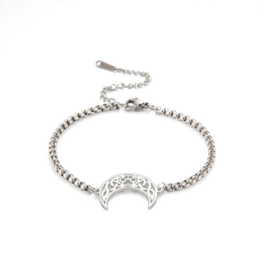 Bracelet chaîne boîte en acier inoxydable avec pendentif lune et motif patte de chat