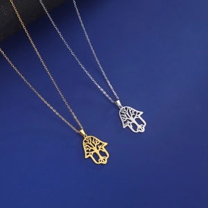 Set of two stainless steel Tree of Life Hamsa Hand necklaces in gold and silver finishes