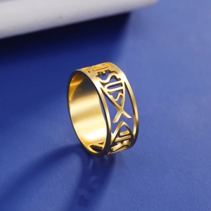 Minimalist gold stainless steel ring featuring hollow Jesus and Ichthys religious design