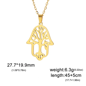 Golden stainless steel Tree of Life Hamsa Hand pendant necklace with dimensions 27.7x19.9mm