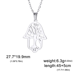 Silver Tree of Life Hamsa pendant necklace in stainless steel with size measurements