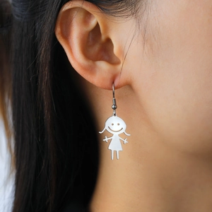Minimalist hip hop cartoon girl pendant earrings in polished stainless steel for women