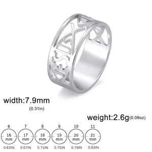 Bague ajourée en acier titane avec motif Jésus et tableau des tailles détaillé