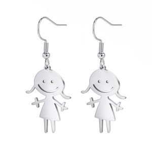 Quirky silver stainless steel dangle earrings with cute cartoon girl silhouette design