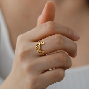 Polished 18K gold plated titanium steel moon ring with bohemian hollow geometric pattern