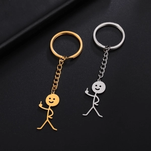 Funny middle finger matchman keychain in polished gold and silver stainless steel