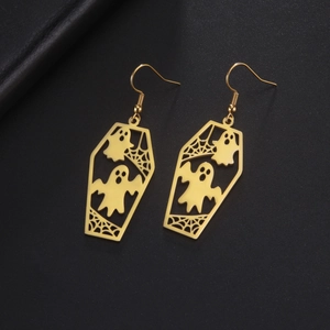Detail of gold coffin earrings with spooky ghosts and spider web cutouts for Halloween