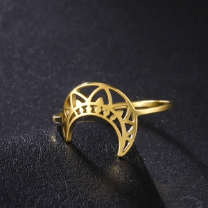 Polished 18K gold plated titanium steel moon ring with elegant hollow geometric patterns