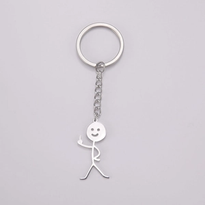 Detailed view of silver stainless steel keychain with funny middle finger stick figure