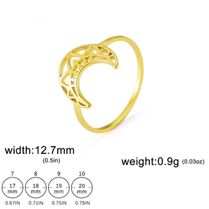 18K gold plated hollow crescent moon ring in titanium steel, 12.7mm width and 0.9g weight